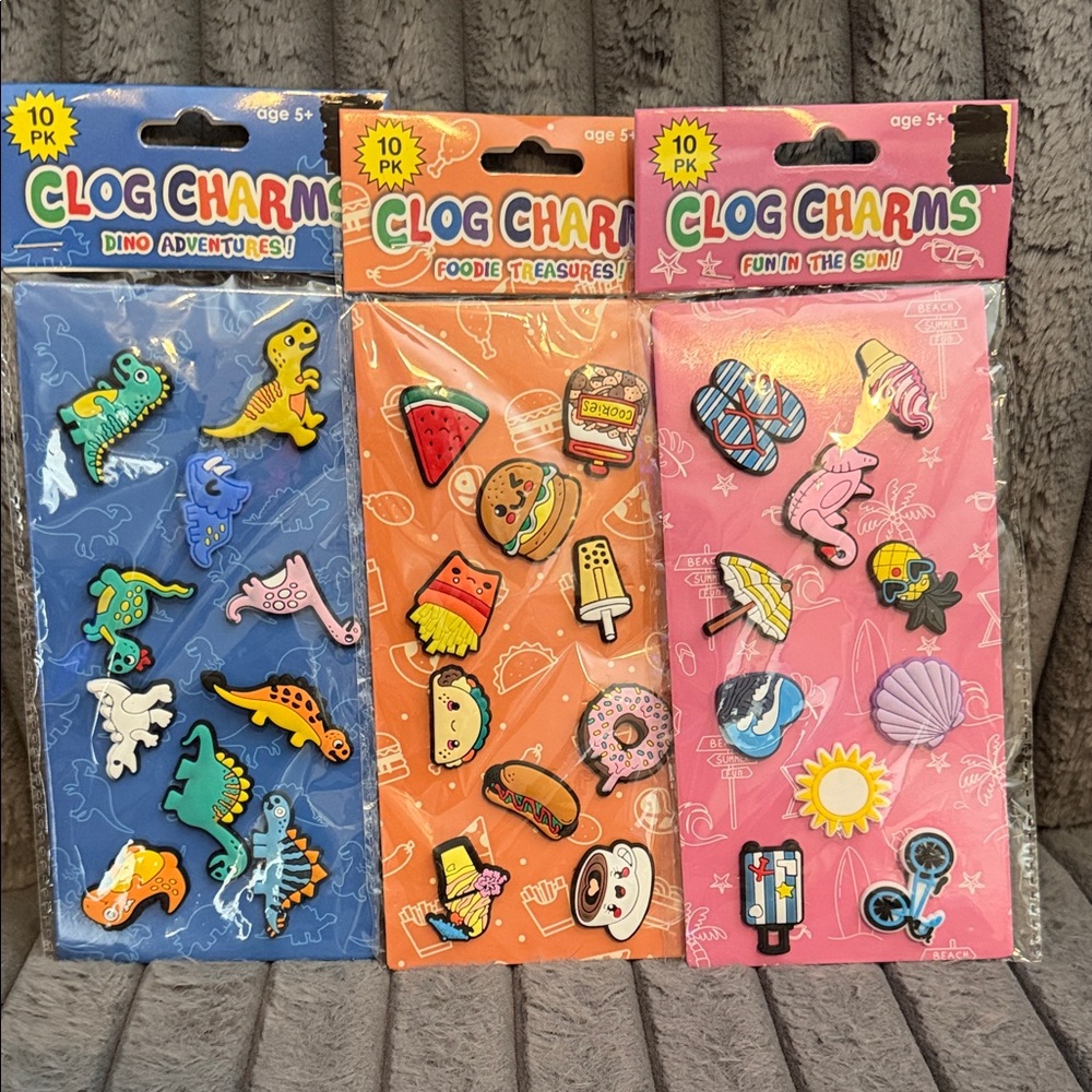 BNIP 3 sets of 10 Croc charms Dinosaurs, Coffee Foodie, Summer Time Beach Fun